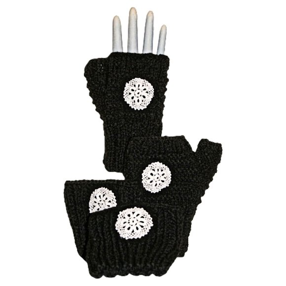 Hand Crafted Accessories - Women's Fingerless Gloves / Mittens Boot Cuffs Set Cottagecore Black White Knit
